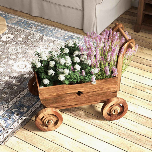 Decorative Wooden Wagon Cart with Handle Wheels and Drainage Hole-Rustic Brown - Tampa Home & Garden Store