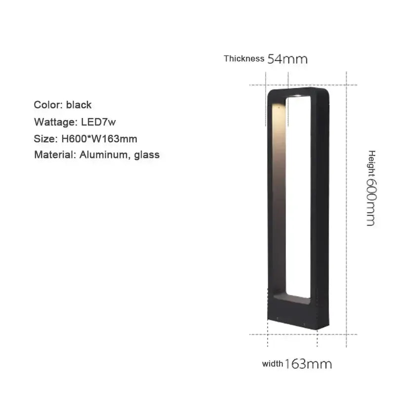 Garden bollard light in black, modern LED aluminum, 7W, open rectangular frame, 600mm tall on Tampa Home & Garden Store