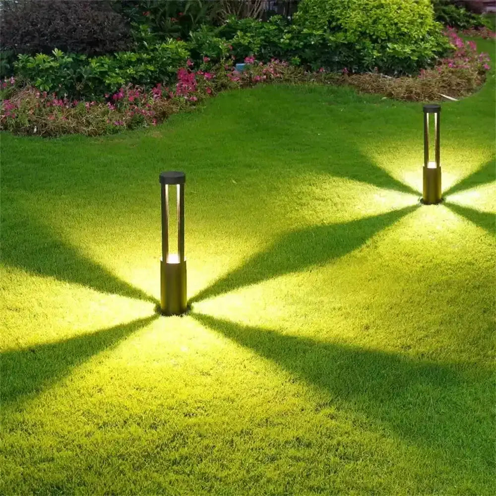 Modern gold aluminum LED garden path lamps by Decorbites, pair of outdoor yard lights on Tampa Home & Garden Store