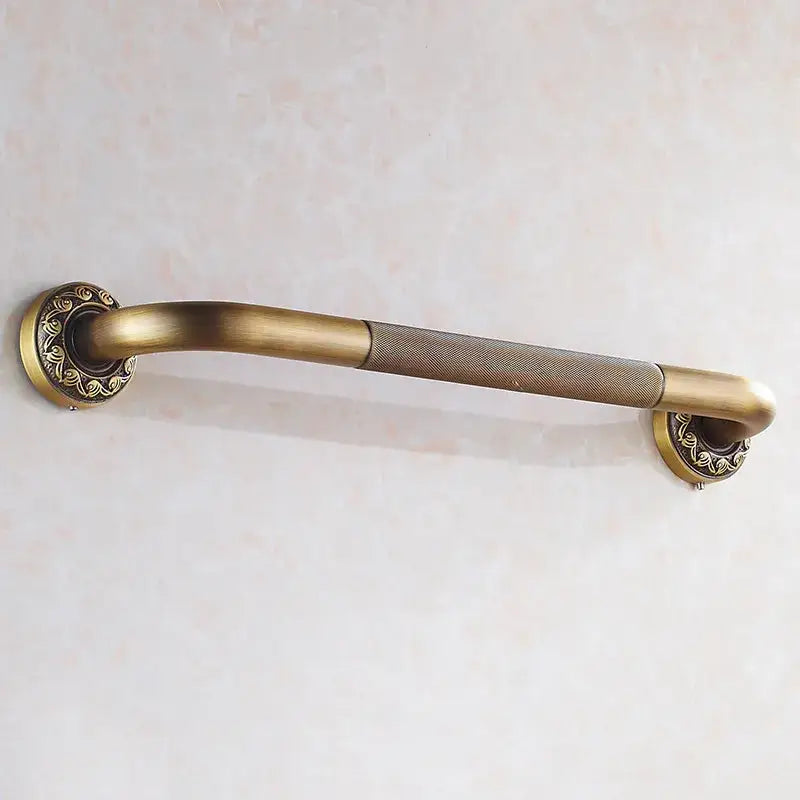 Brass safety bathroom grab bar Decorbites with knurled midsection and decorative wall mounts on Tampa Home & Garden Store