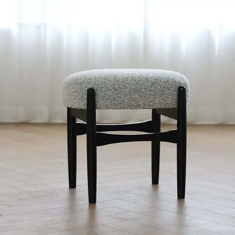 Mid-century makeup bench Decorbites in gray textured fabric with ash wood legs on Tampa Home & Garden Store