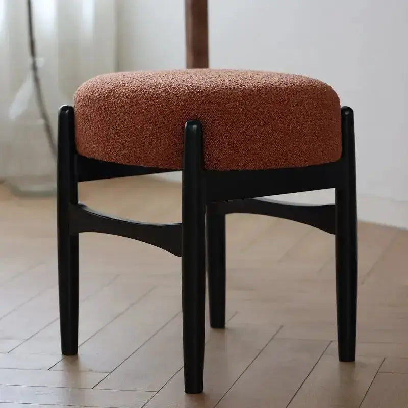 Mid century makeup bench with gray ash wood frame and orange upholstered round seat black legs on Tampa Home & Garden Store