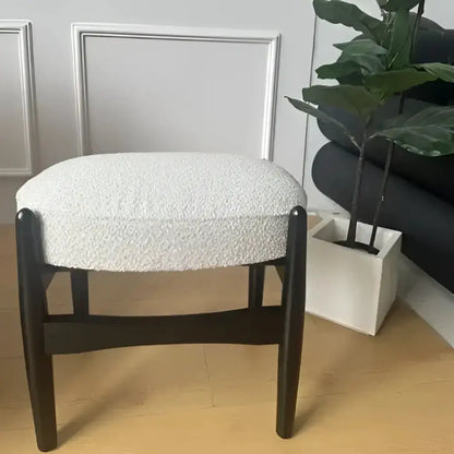 Mid-century makeup bench with gray ash wood frame and white boucle seat Decorbites on Tampa Home & Garden Store