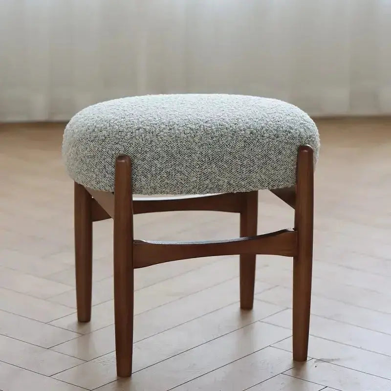 Mid-century makeup bench with gray boucle fabric seat and ash wood legs by Decorbites on Tampa Home & Garden Store