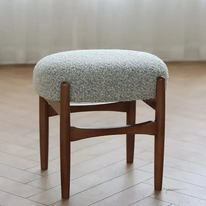 Mid-century makeup bench with gray boucle fabric seat and ash wood legs by Decorbites on Tampa Home & Garden Store