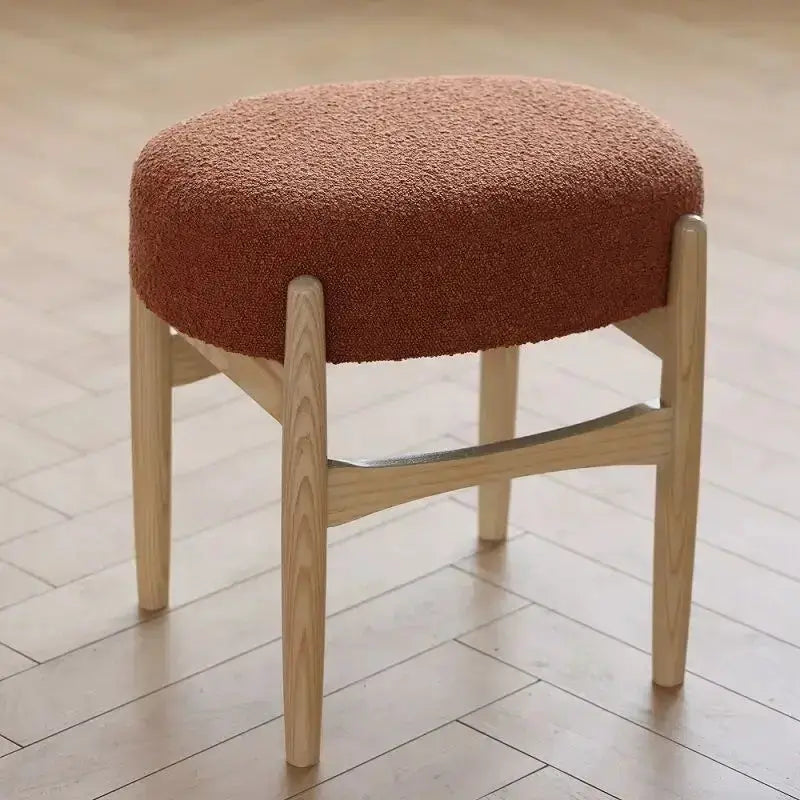 Mid-century makeup bench round upholstered seat in warm brown fabric with ash wood legs on Tampa Home & Garden Store