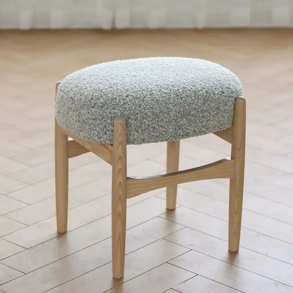 Mid-century makeup bench with gray upholstered round seat on ash wood legs Decorbites on Tampa Home & Garden Store