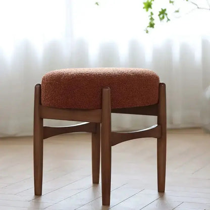 Mid century gray ash wood makeup bench with orange-brown upholstered seat on Tampa Home & Garden Store