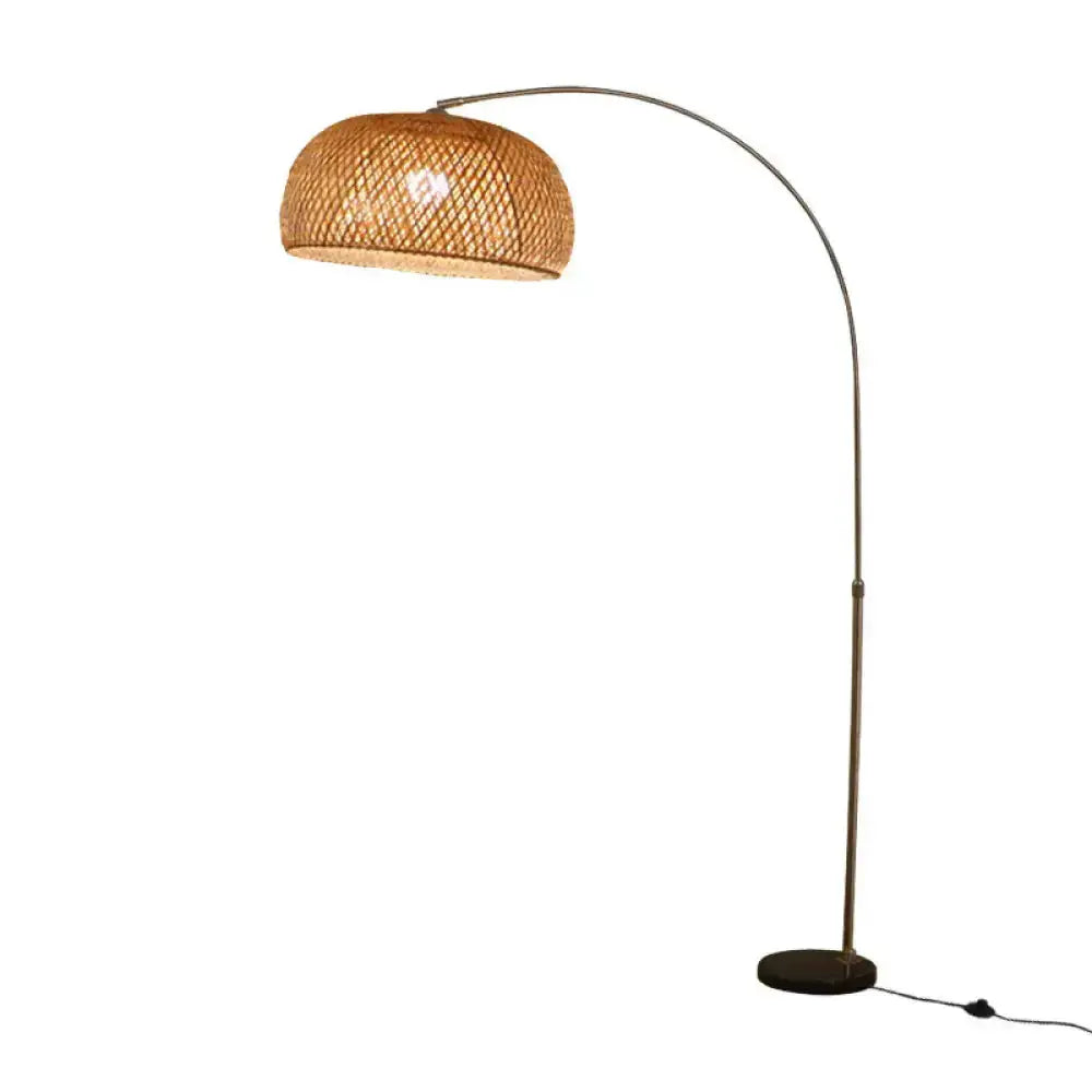 Rattan fishing rod floor lamp with natural woven shade, curved arc, wood base on Tampa Home & Garden Store