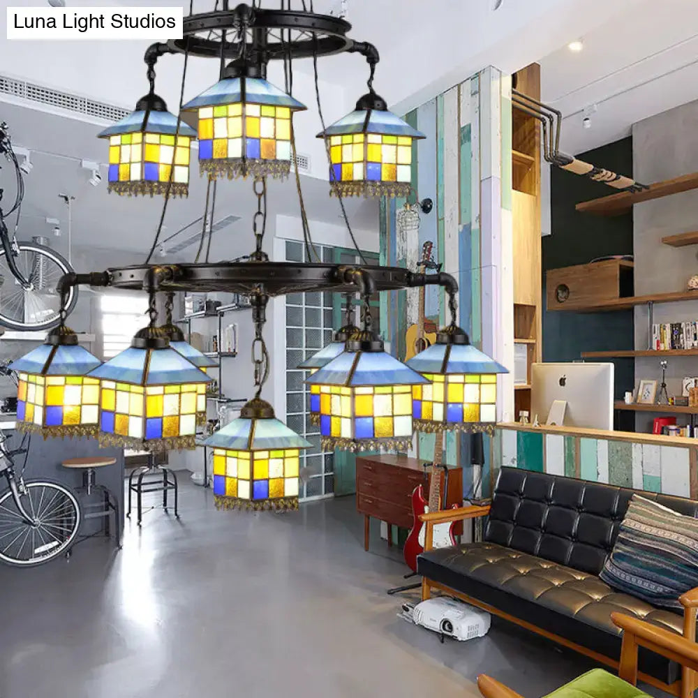Vintage yellow blue stained glass chandelier with multi-lantern shades 110–120V Decorbites on Tampa Home & Garden Store