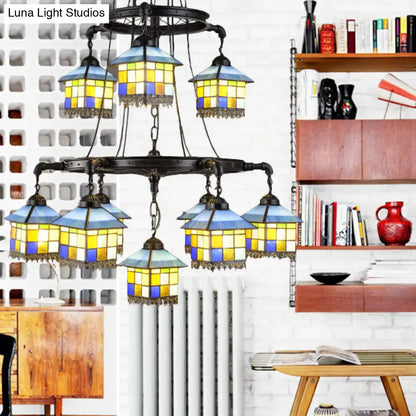 Chandelier vintage yellow blue stained-glass multi-light fixture Decorbites 110-120V on Tampa Home & Garden Store