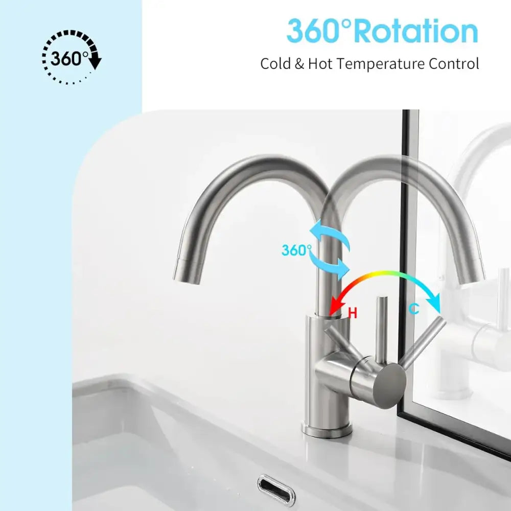Black stainless kitchen faucet by Decorbites, 360° rotation, hot/cold lever on Tampa Home & Garden Store