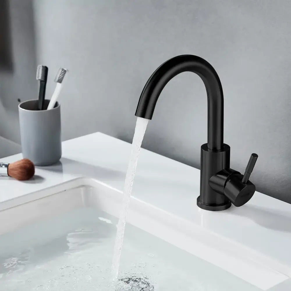 Decorbites black stainless bathroom sink faucet with curved arched spout and single lever handle on Tampa Home & Garden Store
