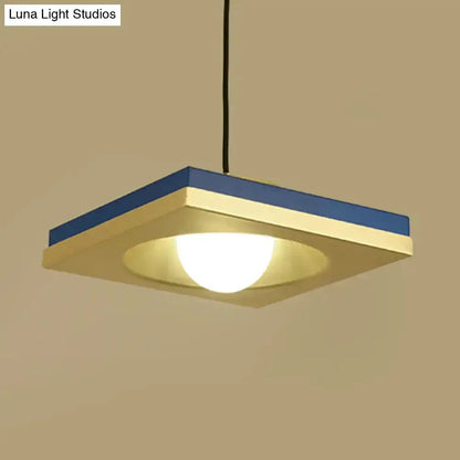 Modernist pendant light with blue top, square frame and frosted bulb for bedroom on Tampa Home & Garden Store