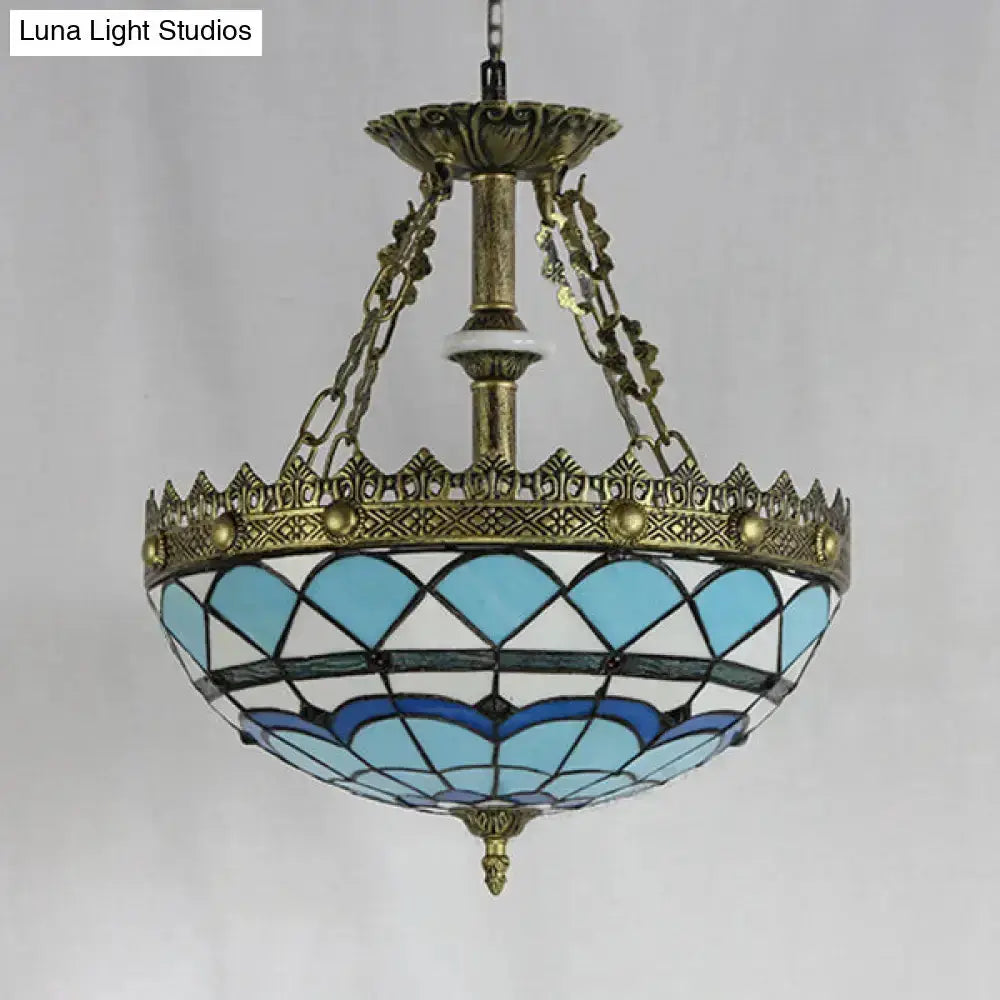 Antique brass stained glass baroque bowl pendant light with blue white panes for library on Tampa Home & Garden Store