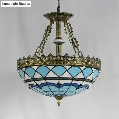 Antique brass stained glass baroque bowl pendant light with blue white panes for library on Tampa Home & Garden Store