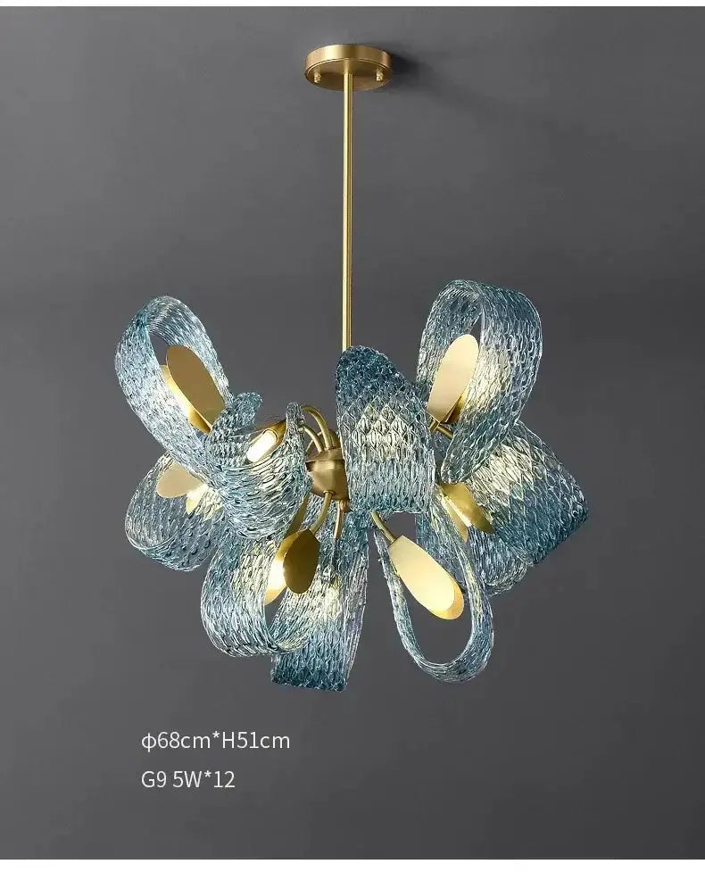 Blue Glass Led Pendant Lamps and Gold Chandelier