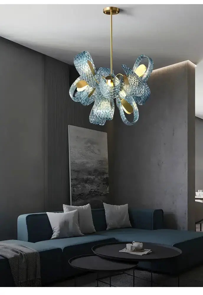 Blue Glass Led Pendant Lamps and Gold Chandelier