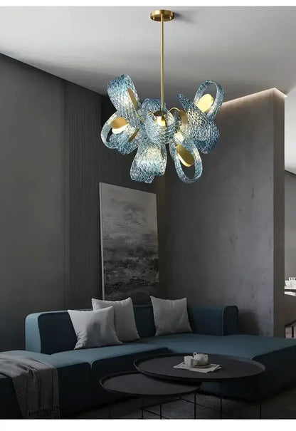 Blue Glass Led Pendant Lamps and Gold Chandelier