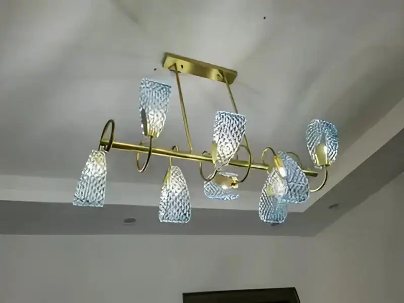 Blue Glass Led Pendant Lamps and Gold Chandelier