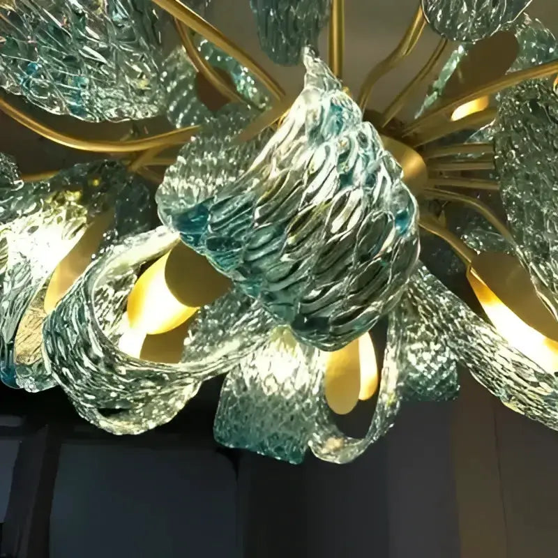 Blue Glass Led Pendant Lamps and Gold Chandelier