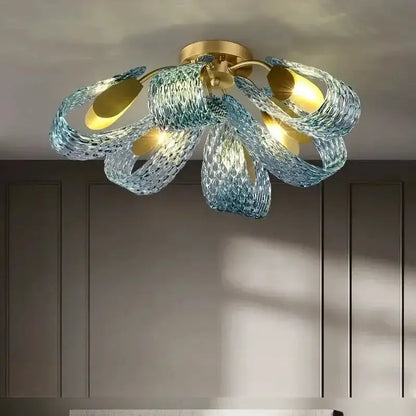 Blue Glass Led Pendant Lamps and Gold Chandelier