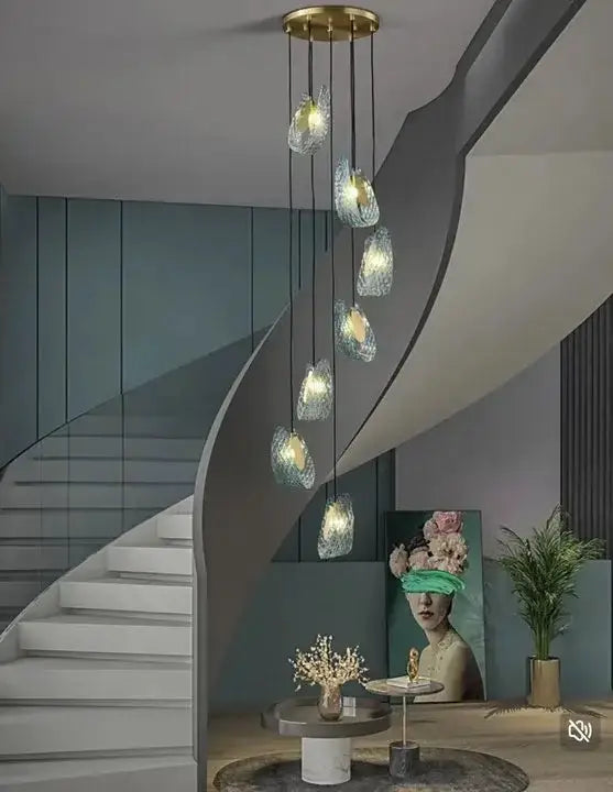 Blue Glass Led Pendant Lamps and Gold Chandelier