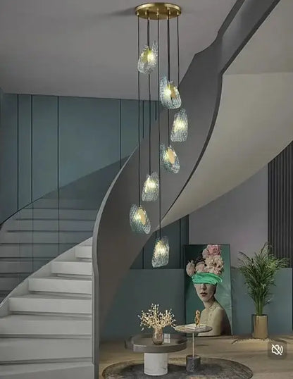 Blue Glass Led Pendant Lamps and Gold Chandelier