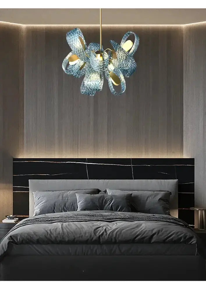 Blue Glass Led Pendant Lamps and Gold Chandelier