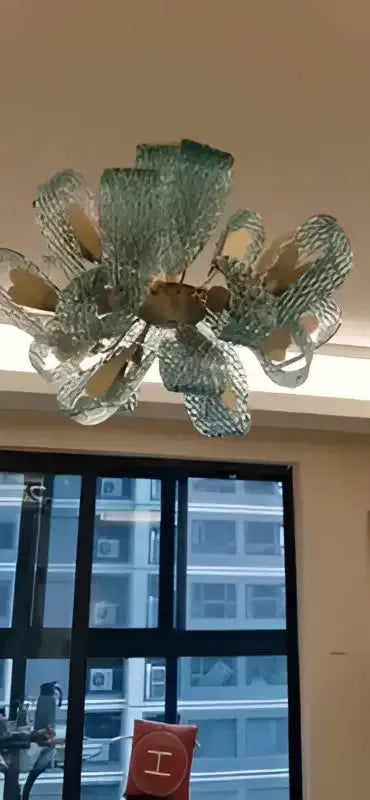 Blue Glass Led Pendant Lamps and Gold Chandelier