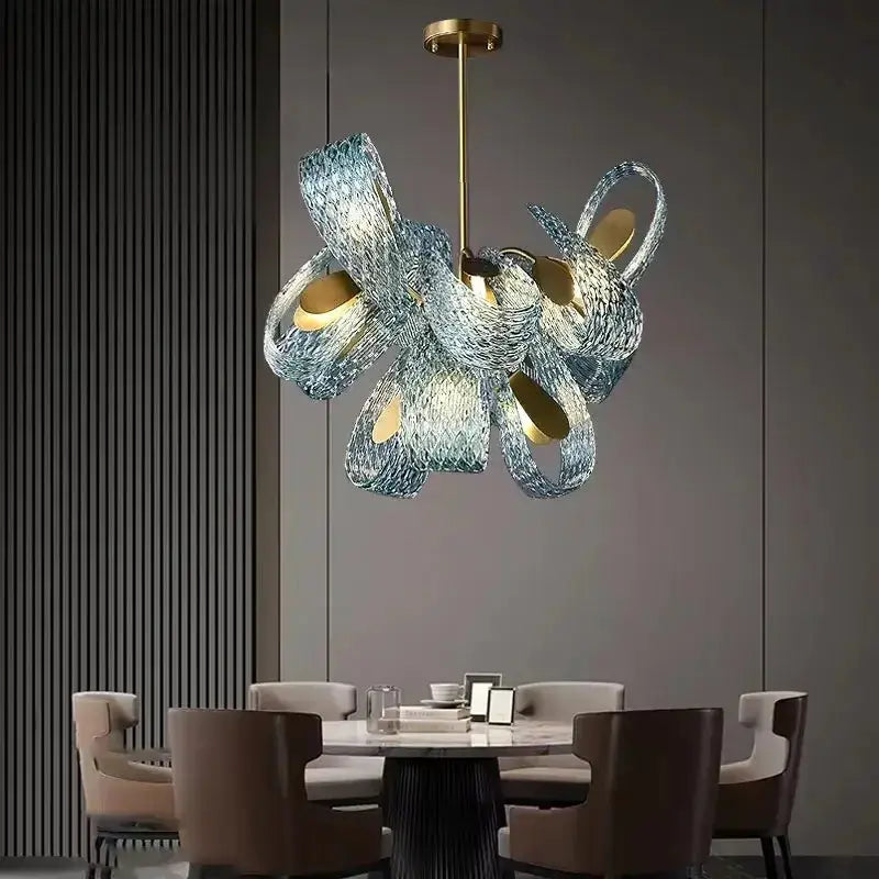 Blue Glass Led Pendant Lamps and Gold Chandelier