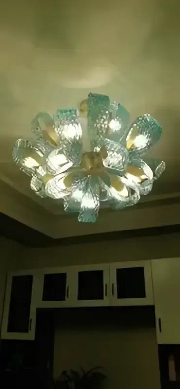Blue Glass Led Pendant Lamps and Gold Chandelier