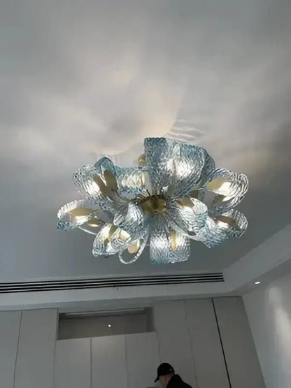 Blue Glass Led Pendant Lamps and Gold Chandelier