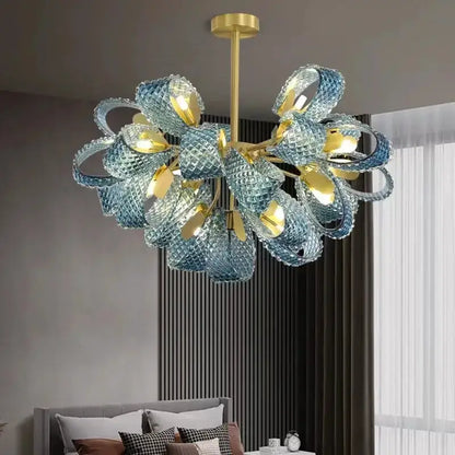 Blue Glass Led Pendant Lamps and Gold Chandelier