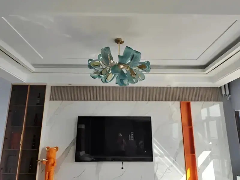 Blue Glass Led Pendant Lamps and Gold Chandelier