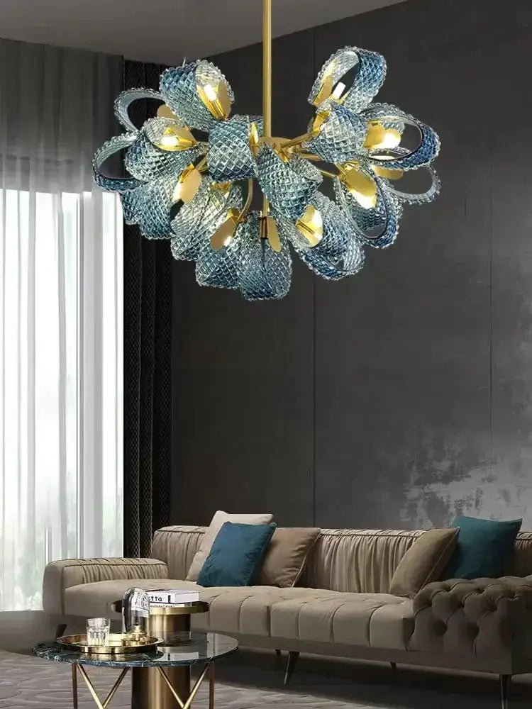 Blue Glass Led Pendant Lamps and Gold Chandelier