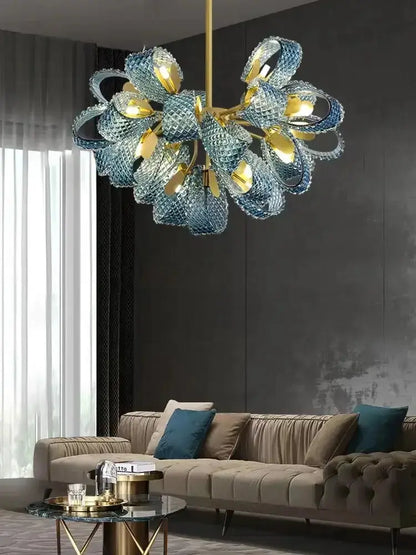 Blue Glass Led Pendant Lamps and Gold Chandelier