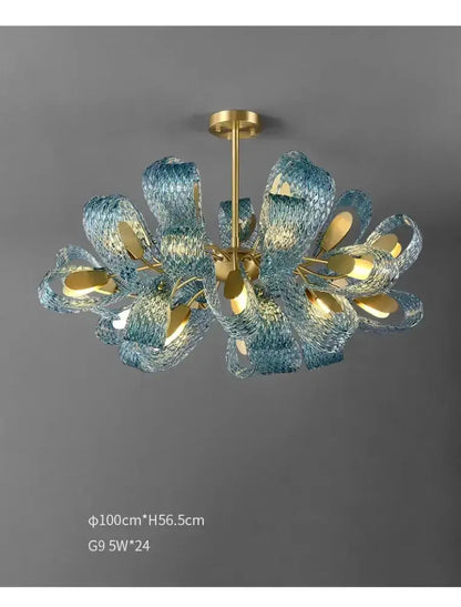Blue Glass Led Pendant Lamps and Gold Chandelier