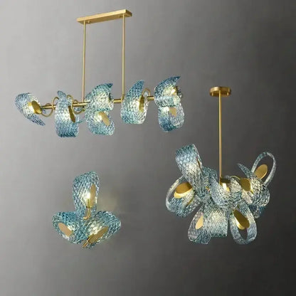 Blue Glass Led Pendant Lamps and Gold Chandelier