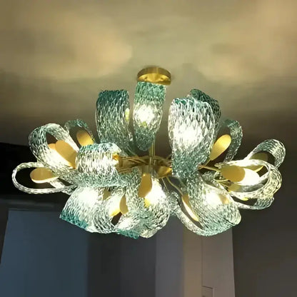 Blue Glass Led Pendant Lamps and Gold Chandelier