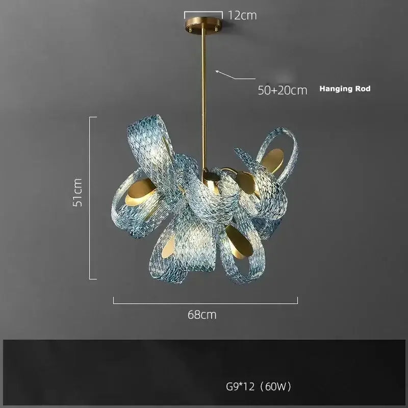 Blue Glass Led Pendant Lamps and Gold Chandelier