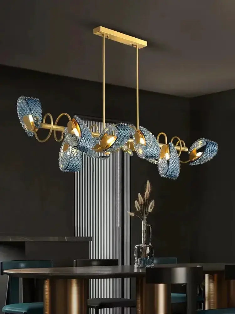 Blue Glass Led Pendant Lamps and Gold Chandelier