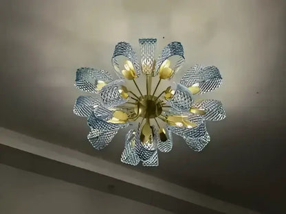 Blue Glass Led Pendant Lamps and Gold Chandelier