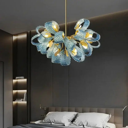 Blue Glass Led Pendant Lamps and Gold Chandelier
