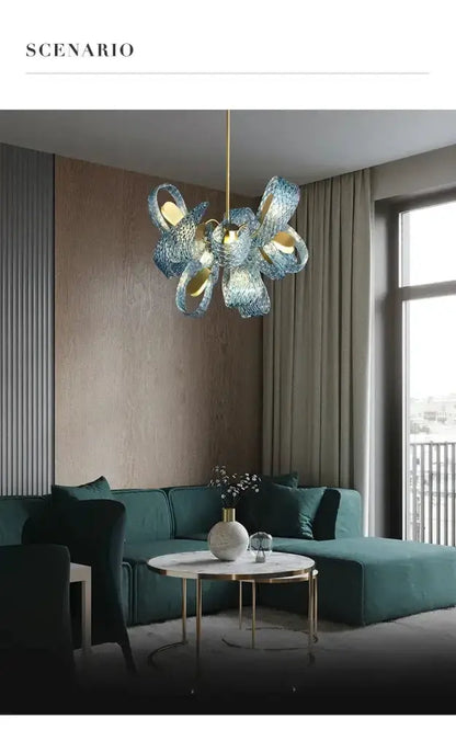 Blue Glass Led Pendant Lamps and Gold Chandelier