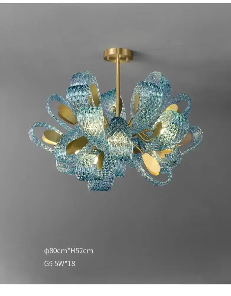 Blue Glass Led Pendant Lamps and Gold Chandelier