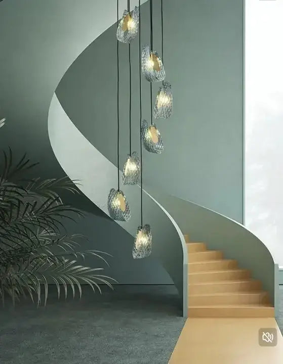 Blue Glass Led Pendant Lamps and Gold Chandelier