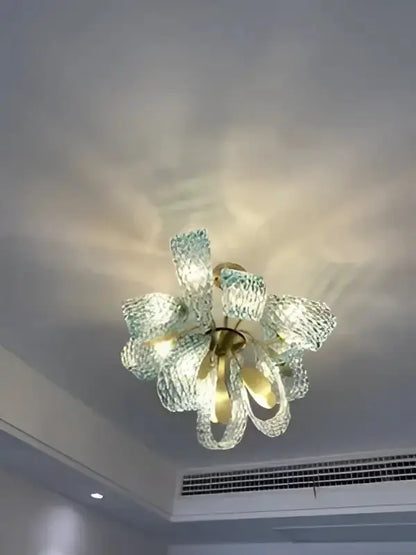 Blue Glass Led Pendant Lamps and Gold Chandelier