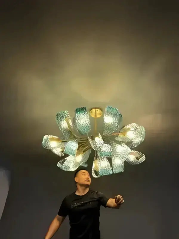 Blue Glass Led Pendant Lamps and Gold Chandelier