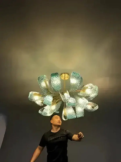 Blue Glass Led Pendant Lamps and Gold Chandelier
